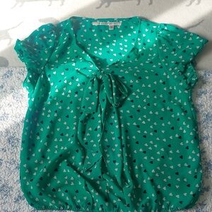 Max Studio Teal Green Heart-Print Tie-Neck Blouse